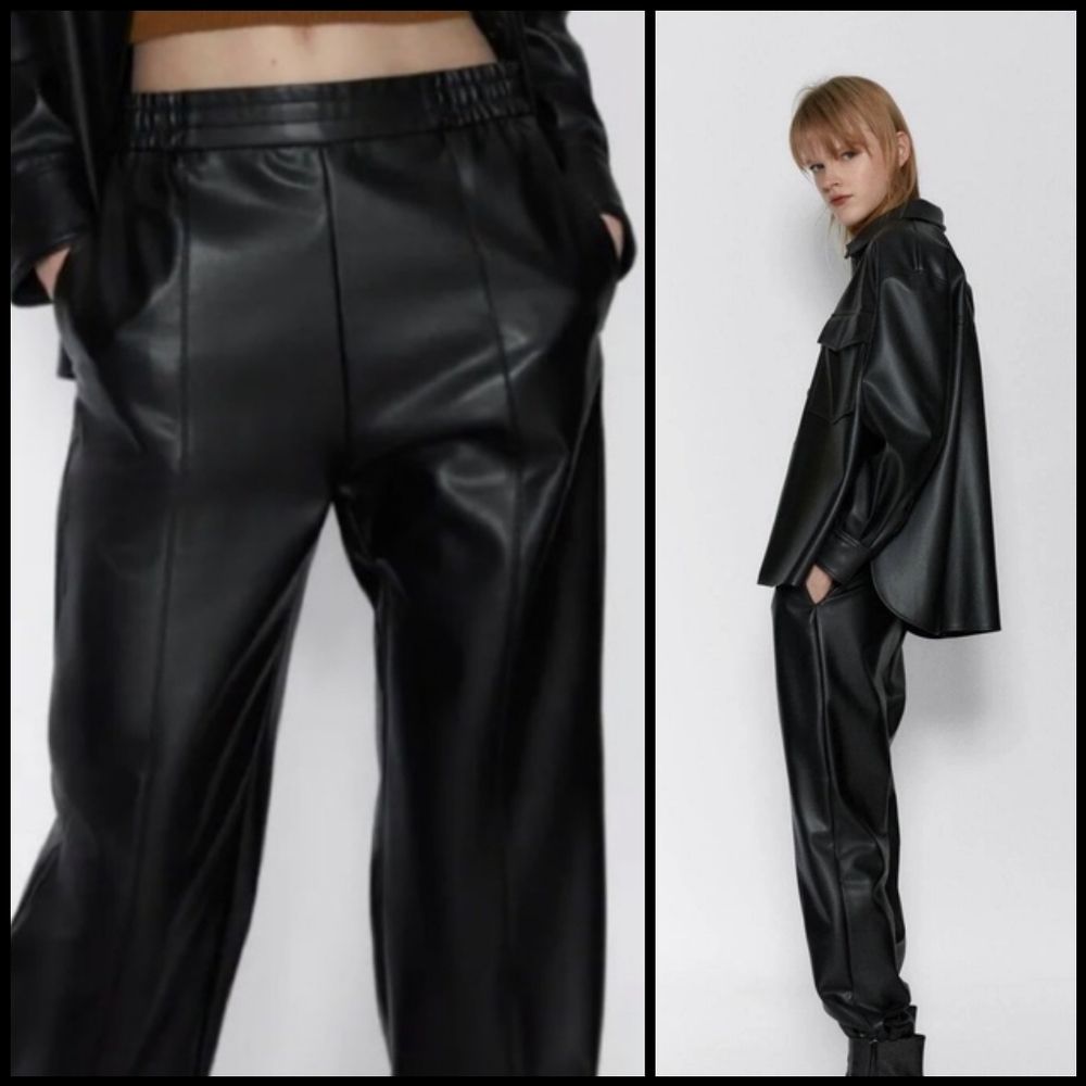 NWT Zara Faux Leather High Waisted Joggers - Picture 2 of 16